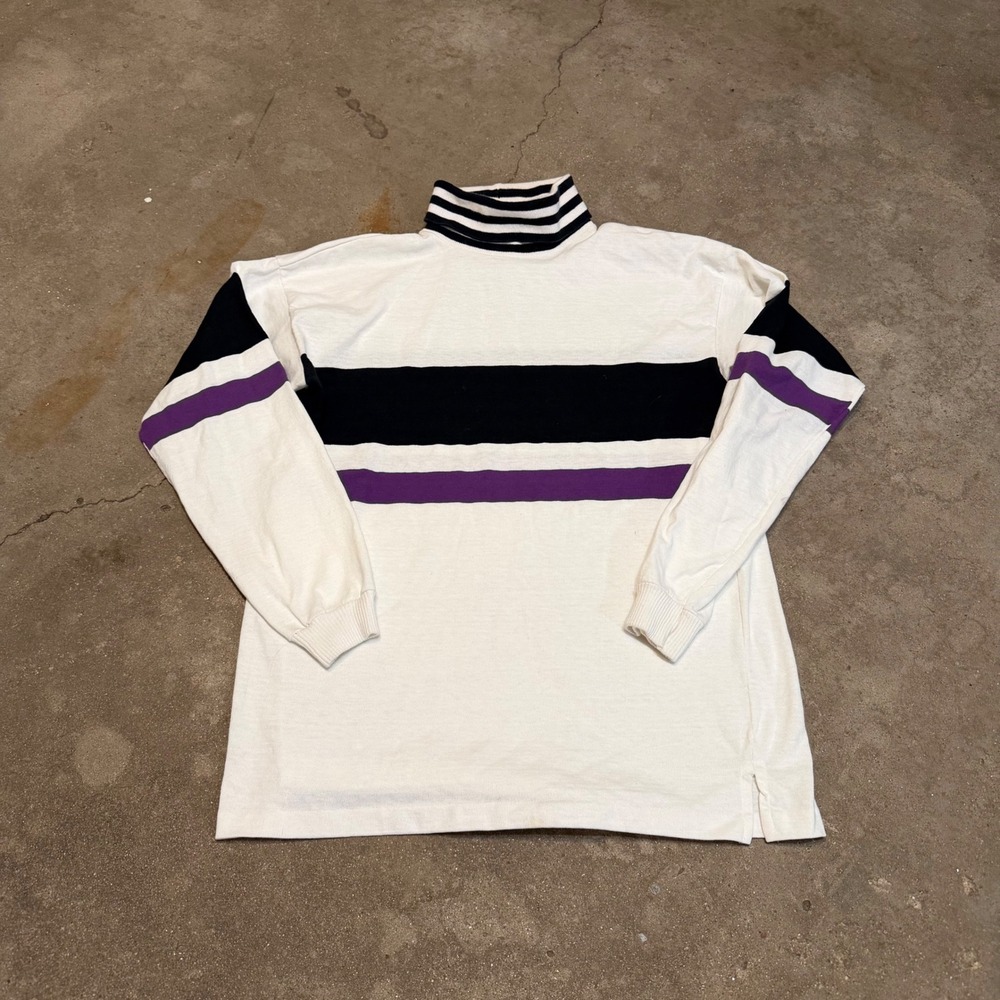 Vintage 80s Claybrooke Turtleneck Shirt Mens L White Black Purple Striped USA